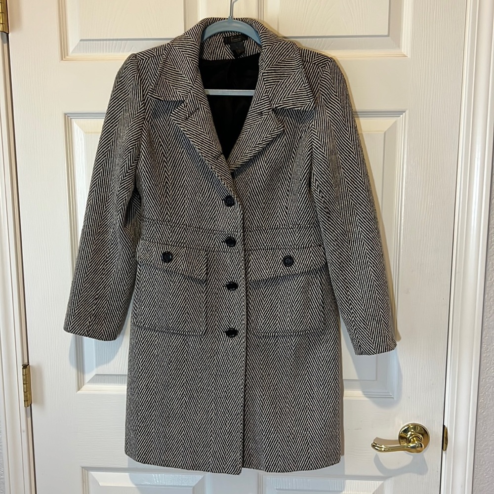 Frenchi Herringbone Black & White Mid‎ Length Coat Jacket, Sz Small